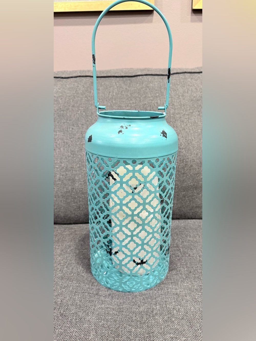 Turquoise Metal Lattice Lantern with Carry Handle